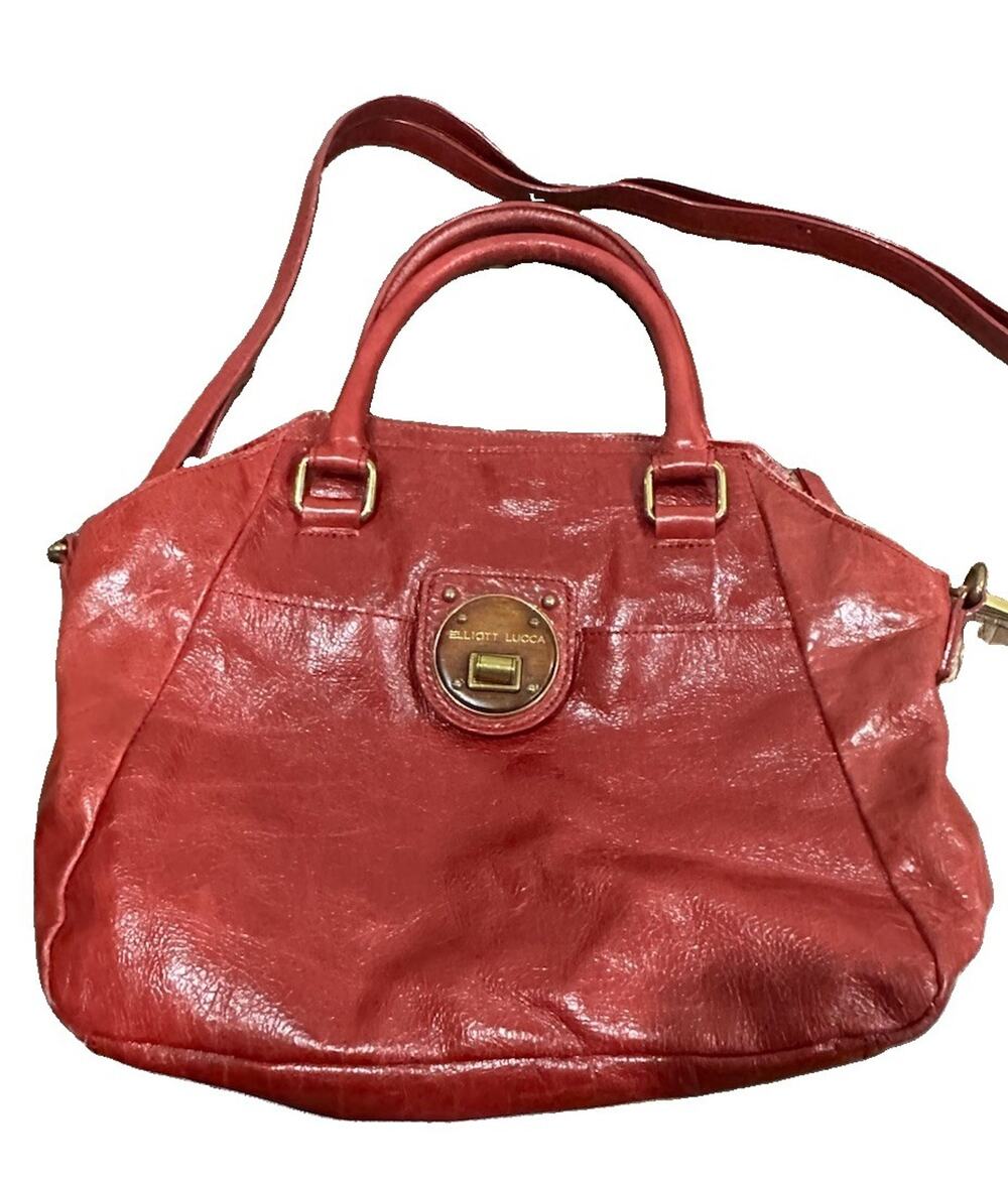 ⁠Elliott Lucca Red Leather Satchel Handbag Crossbody Bag Wood Turn Lock Purse⁠